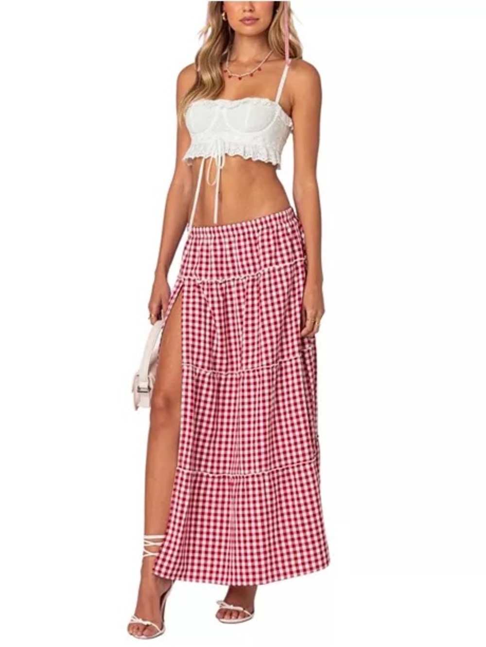 Edikted Red Gingham High-Slit Maxi Skirt